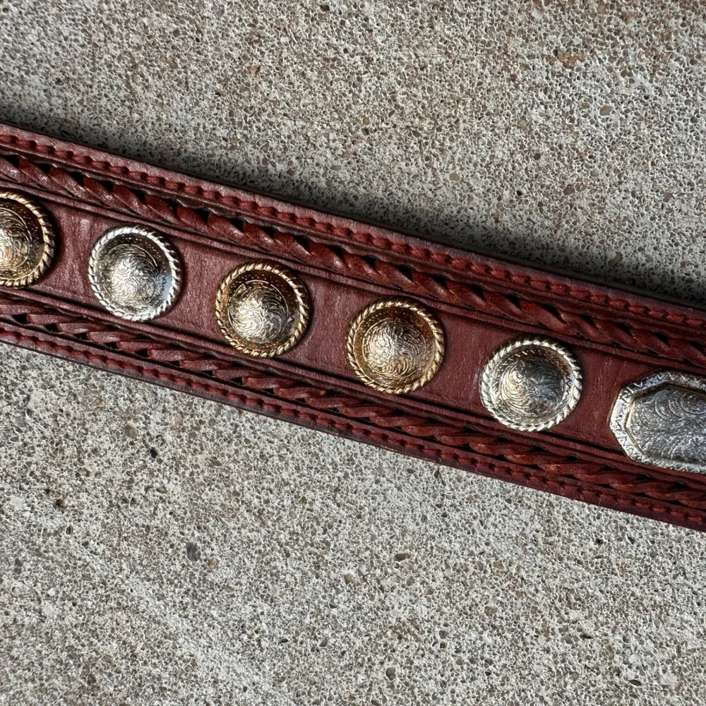 Nocona Brown Hand Tooled Leather Concho Western Belt 38 2415854-38